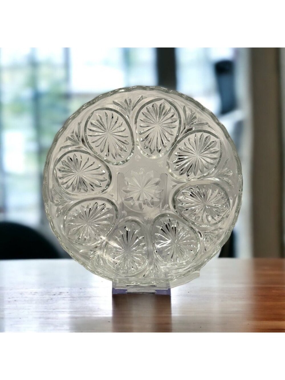 Indiana Glass Bowl Clear Pressed Starburst Pattern With Scalloped Rim 8" Wide